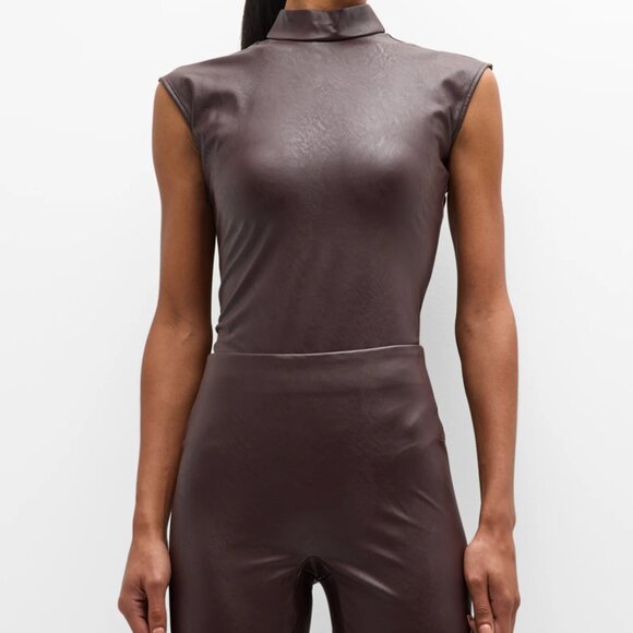 NWT SPANX Leather Like Mockneck Bodysuit Top in Chocolate Brown Size Small - Picture 1 of 12
